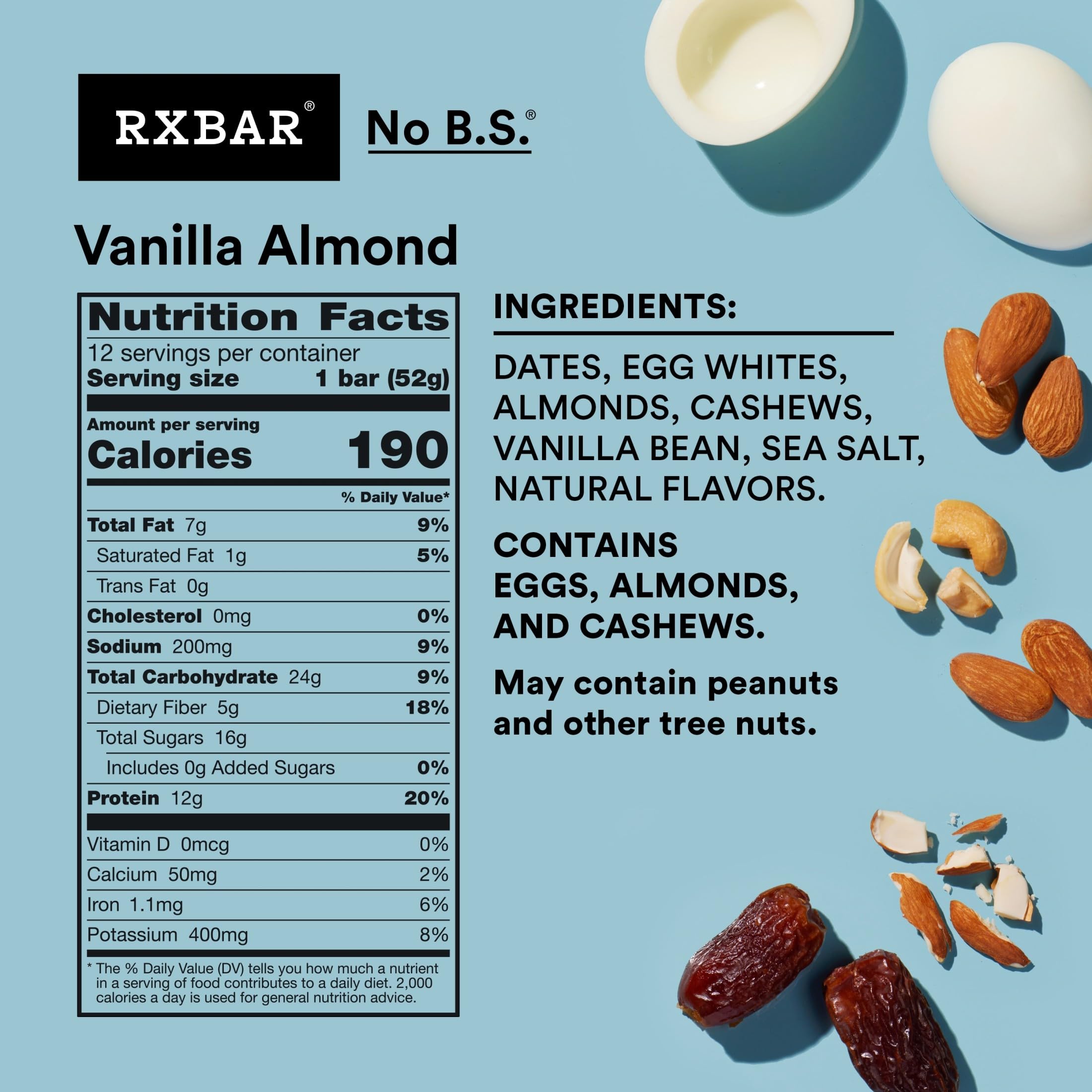 RXBAR Vanilla Almond Bars ingredients closeup highlighting simple real-food components.