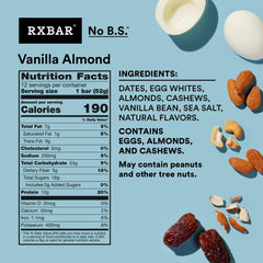 RXBAR Vanilla Almond Bars ingredients closeup highlighting simple real-food components.