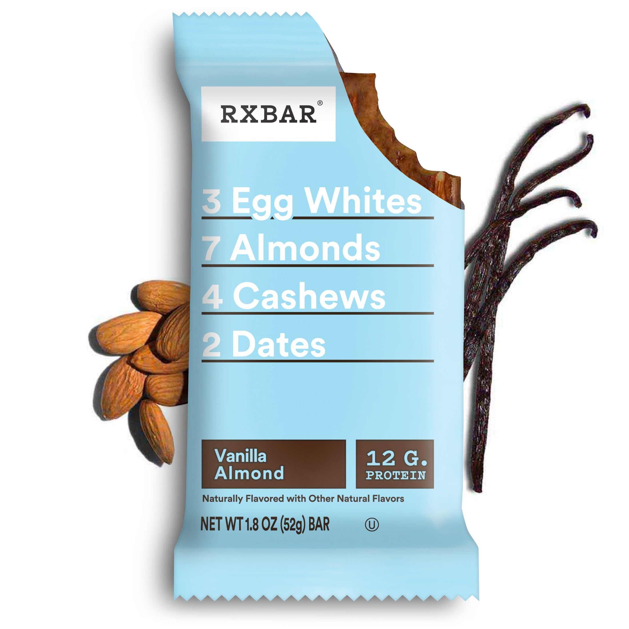 RXBAR Vanilla Almond Bars almonds and cashews closeup for crunchy texture.