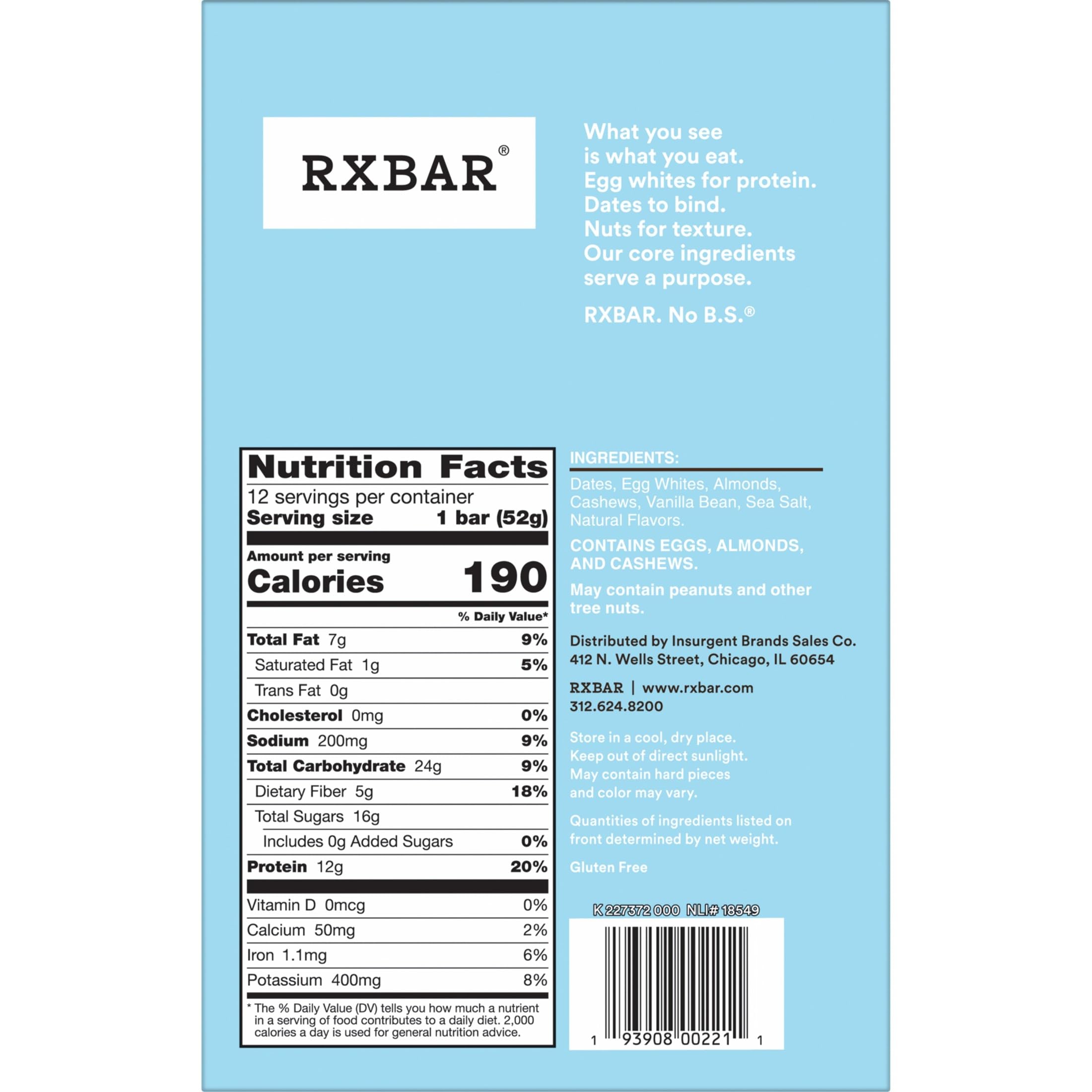 RXBAR Vanilla Almond Bars protein content closeup showing 12g protein for energy.