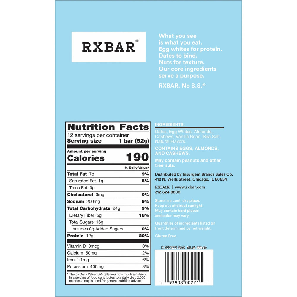 RXBAR Vanilla Almond Bars protein content closeup showing 12g protein for energy.