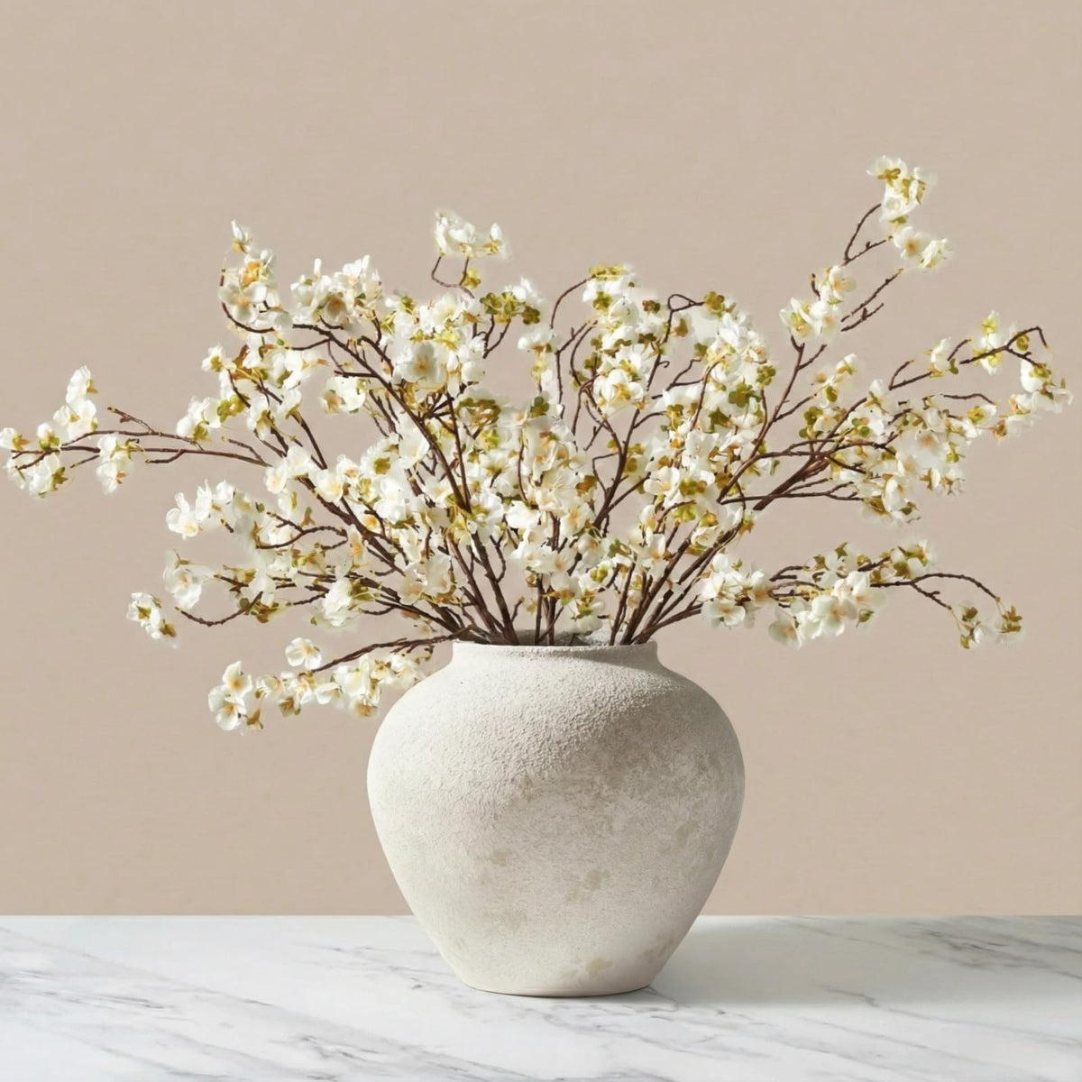 RyddeligHome white cherry blossom branch 6pc arranged for a tall vase decor.