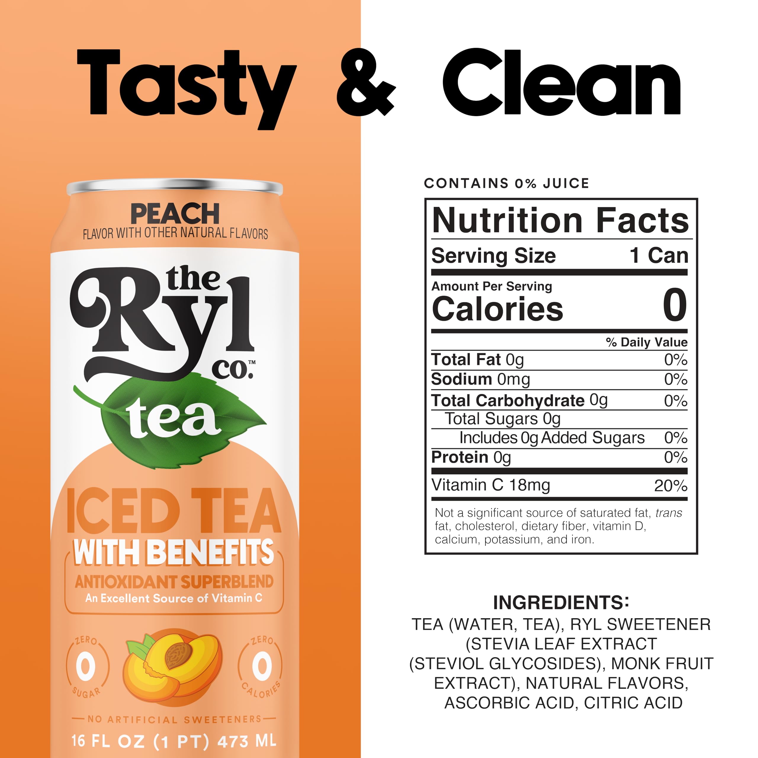The Ryl Co Peach Iced Tea back label highlights nutrition details for health minded shoppers.