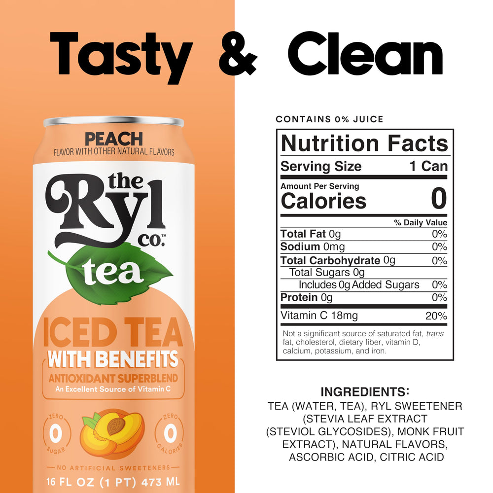 The Ryl Co Peach Iced Tea back label highlights nutrition details for health minded shoppers.