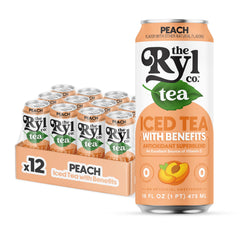 The Ryl Co Peach Iced Tea can front shows a vibrant label and zero sugar appeal.