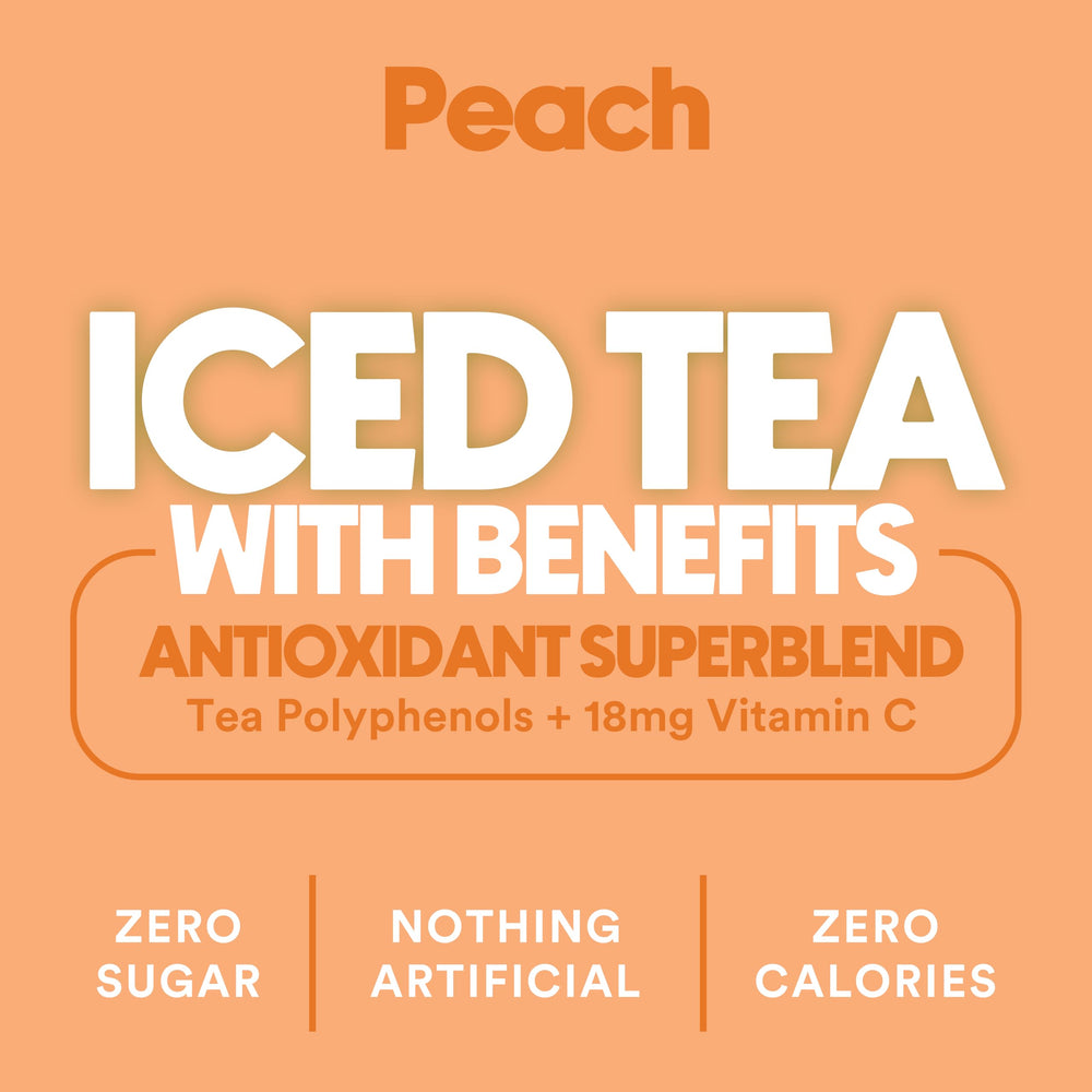 Ryl Co Peach Iced Tea nutrition panel highlights vitamin C content and polyphenol richness.