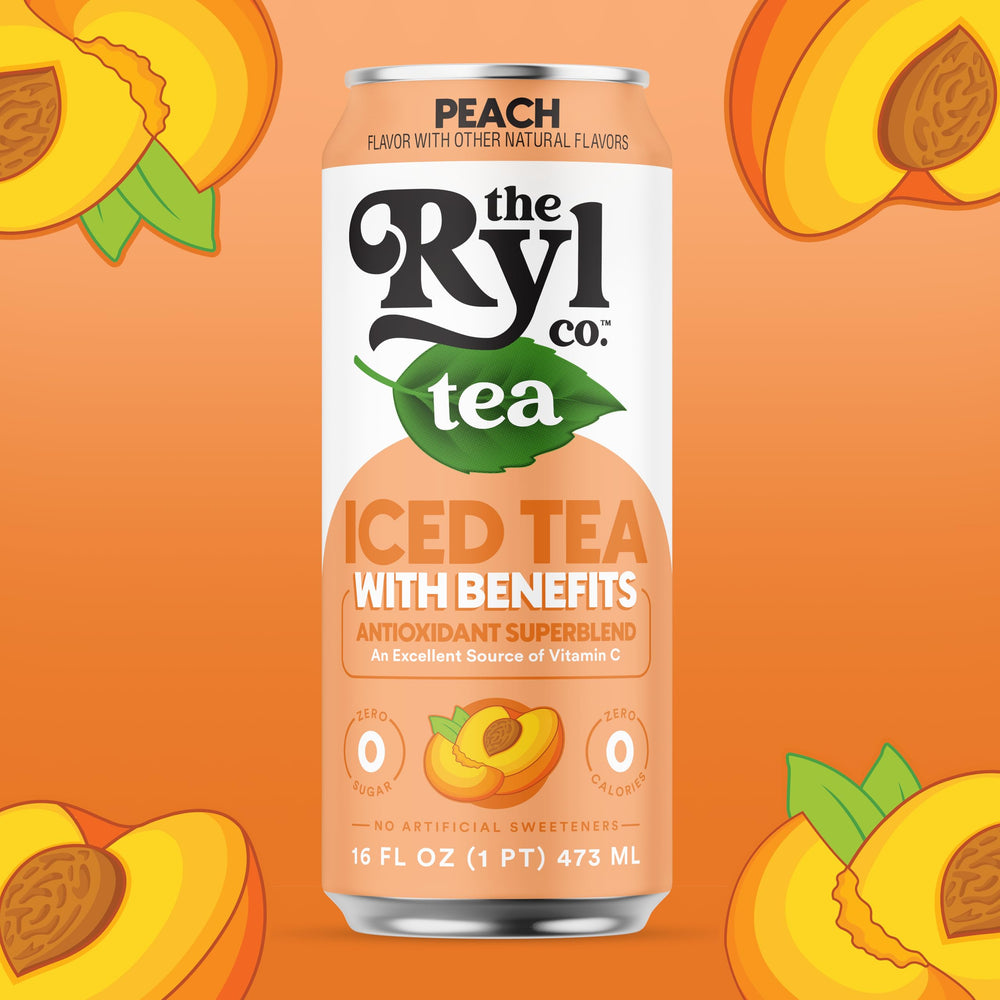 Ryl Co Peach Iced Tea pack shot showcases a 12 pack for easy stocking.