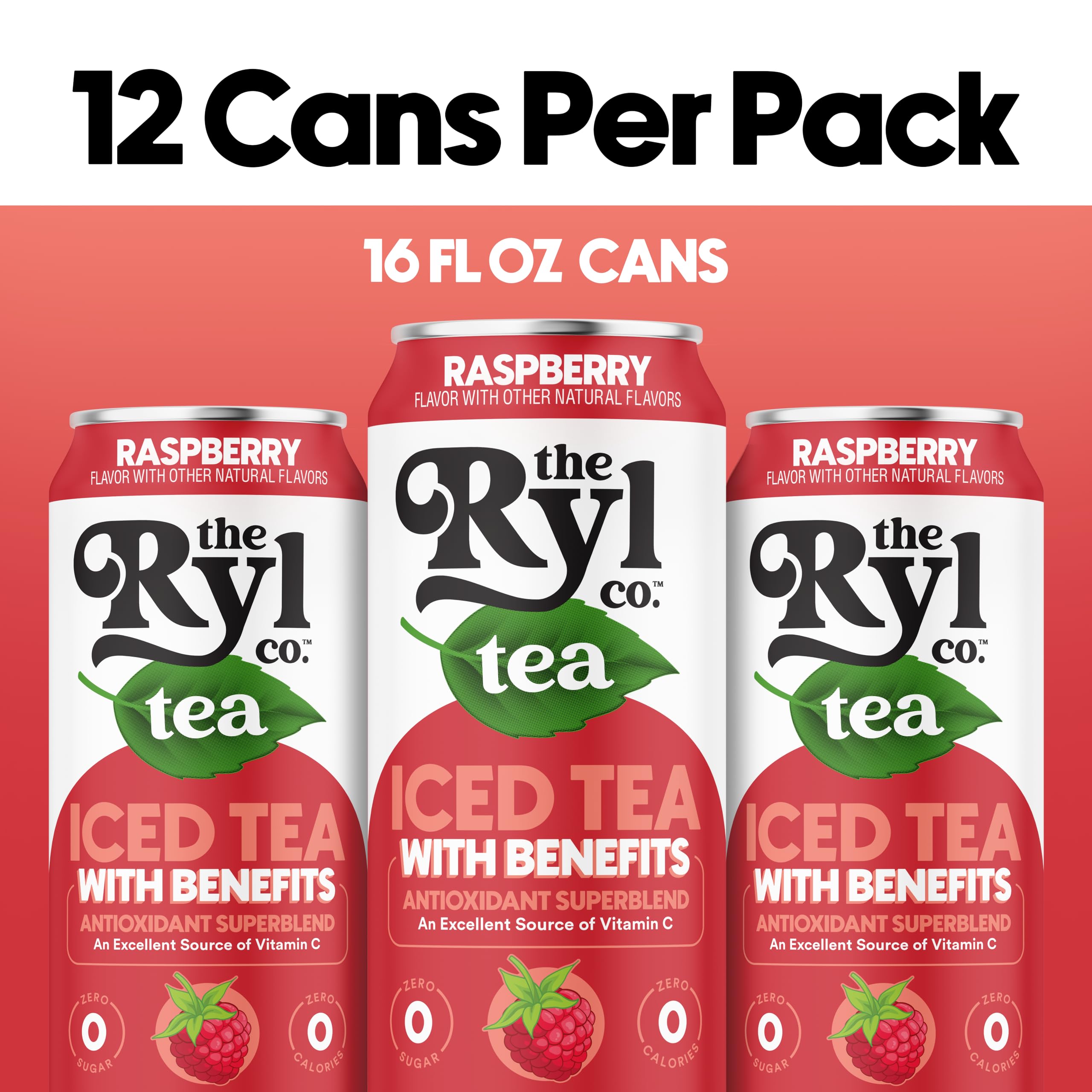 The Ryl Co Raspberry iced tea back label highlights antioxidants and Vitamin C.