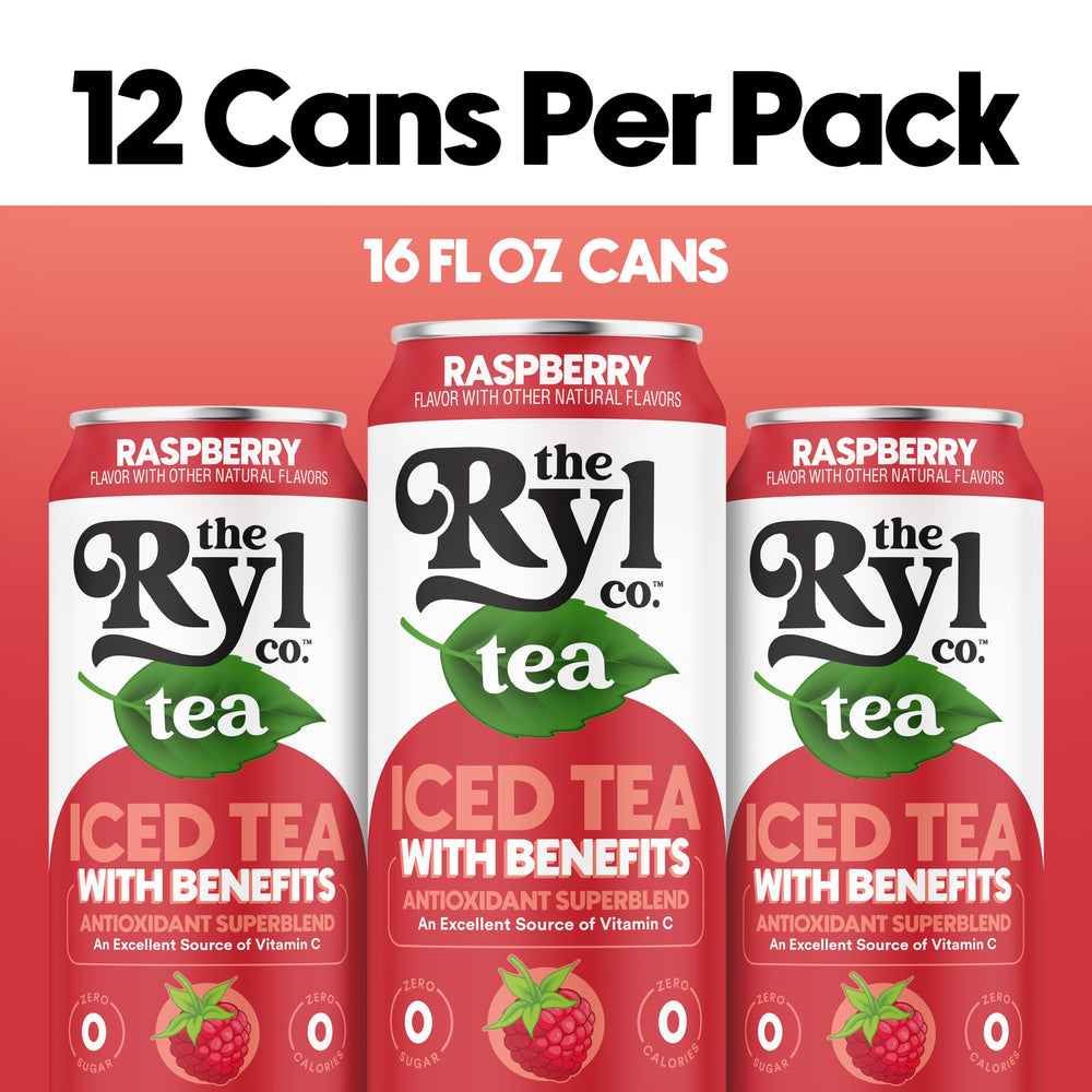 The Ryl Co Raspberry iced tea back label highlights antioxidants and Vitamin C.