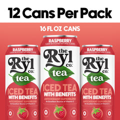 The Ryl Co Raspberry iced tea back label highlights antioxidants and Vitamin C.