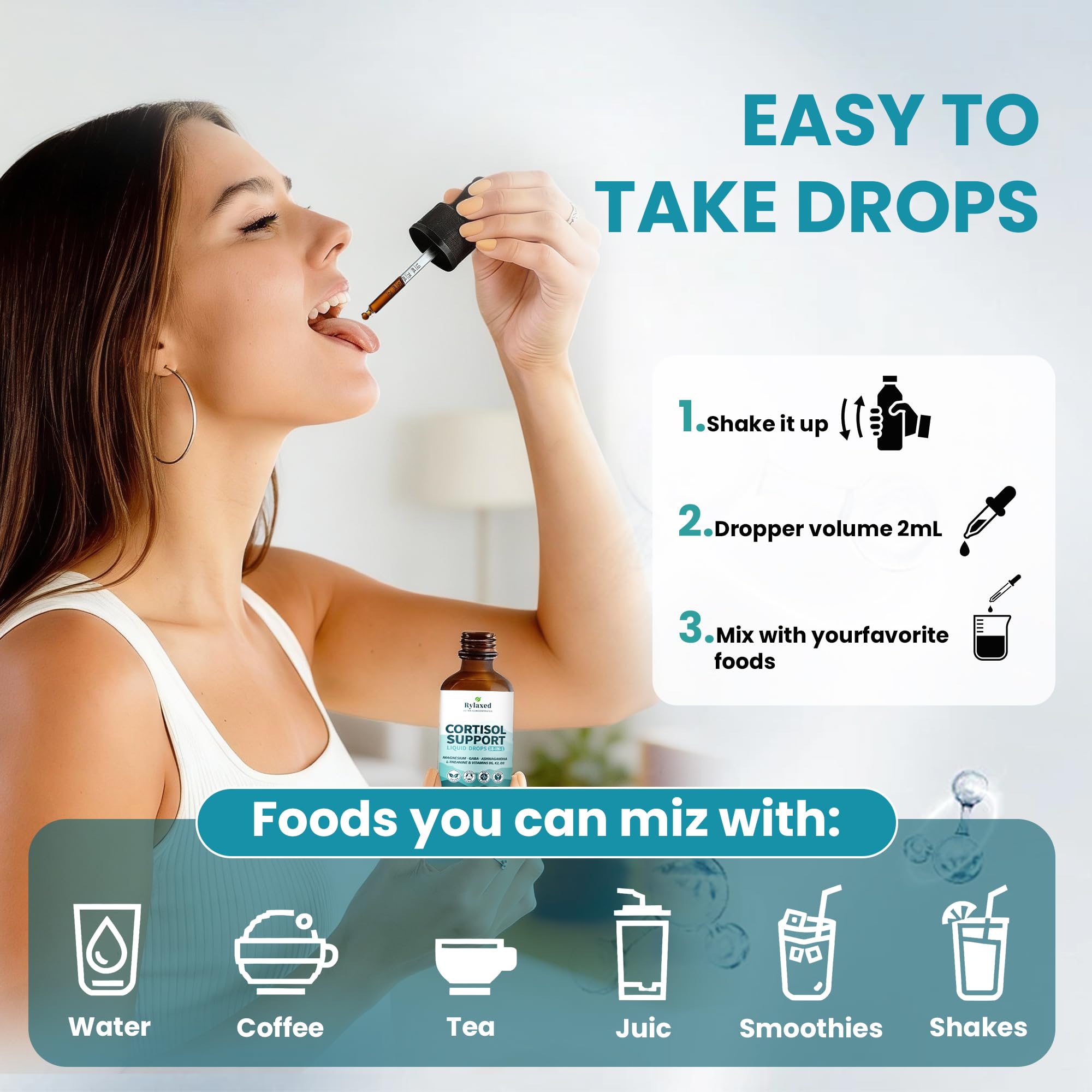 Rylaxed Cortisol Drops adaptogen blend illustration signals herbal support.