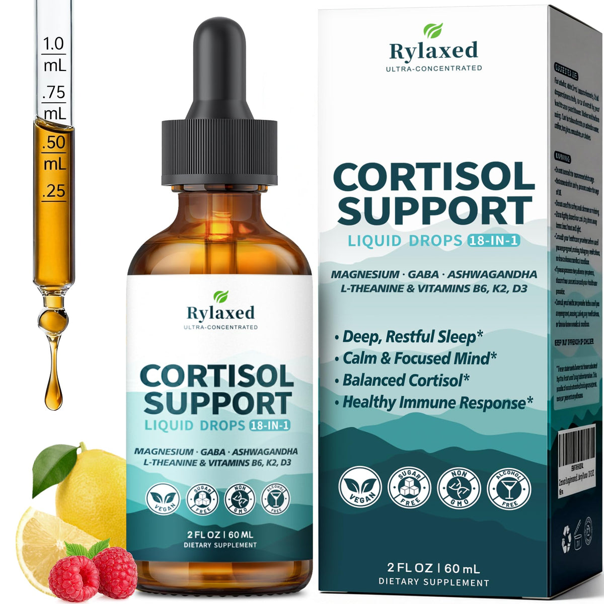Rylaxed Cortisol Drops bottle for daily calm support.