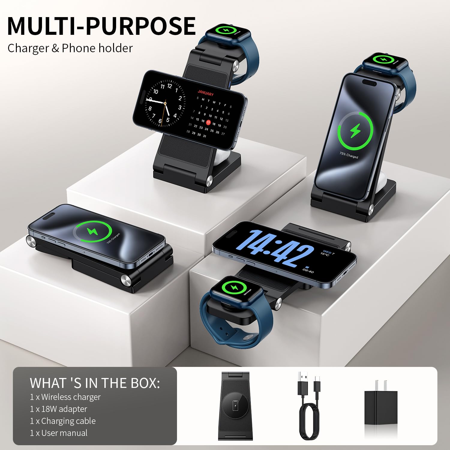 RYND 3-in-1 charger shows vertical/horizontal adjustment for flexible viewing.
