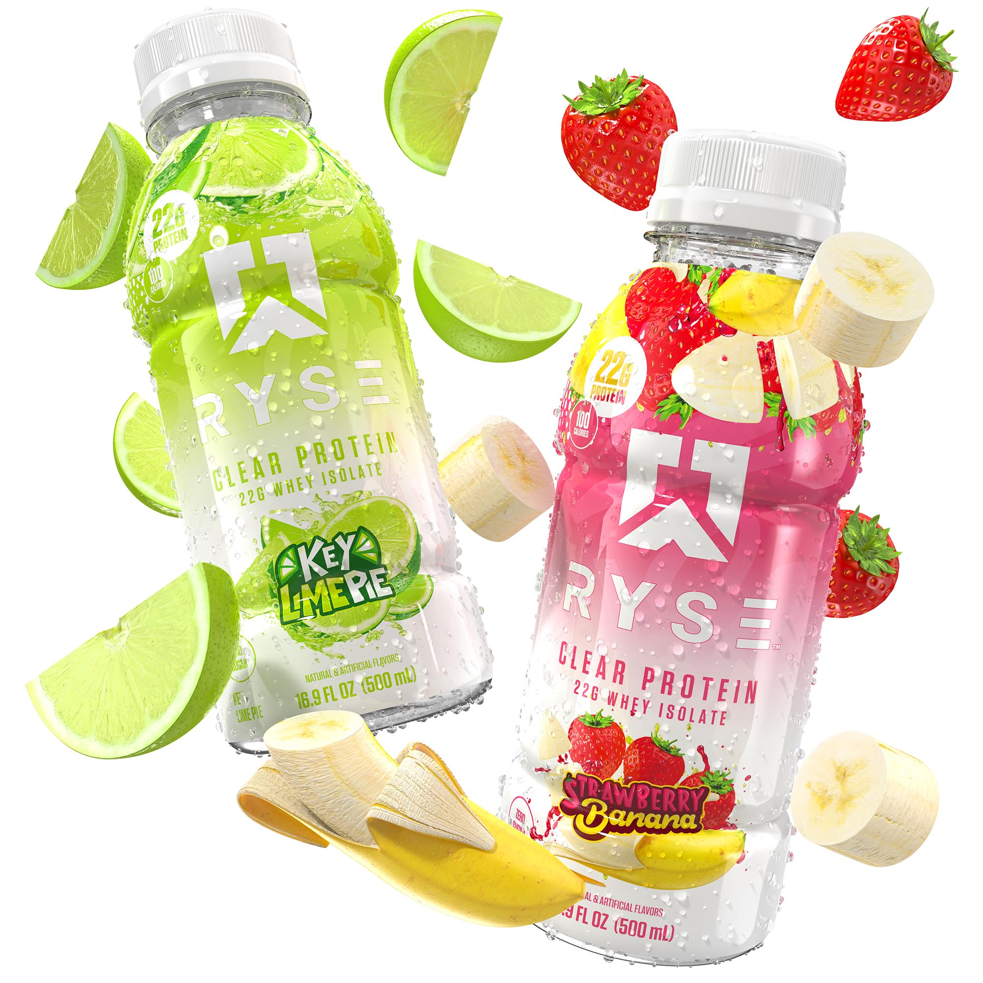 RYSE Clear Protein Drink closeup bottle, premium ingredients and smooth taste