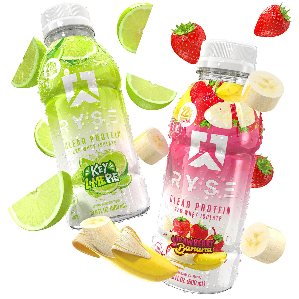 RYSE Clear Protein Drink closeup bottle, premium ingredients and smooth taste
