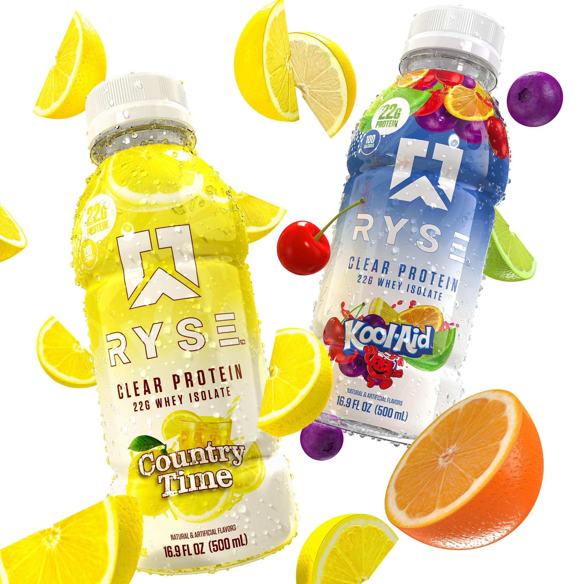 RYSE Clear Protein Drink variety pack display with clean, sugar-free options
