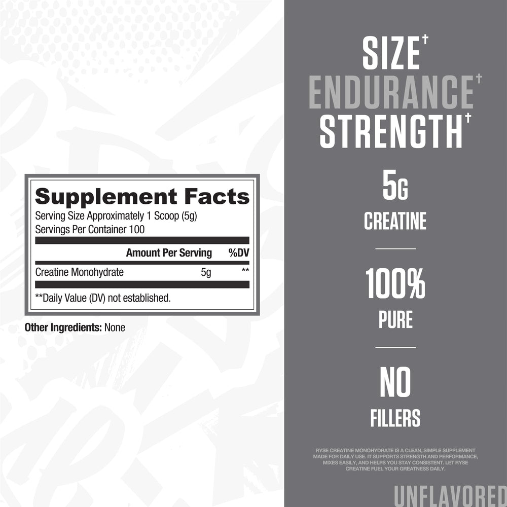 RYSE Creatine Monohydrate bottle close-up, trusted for lean gains.