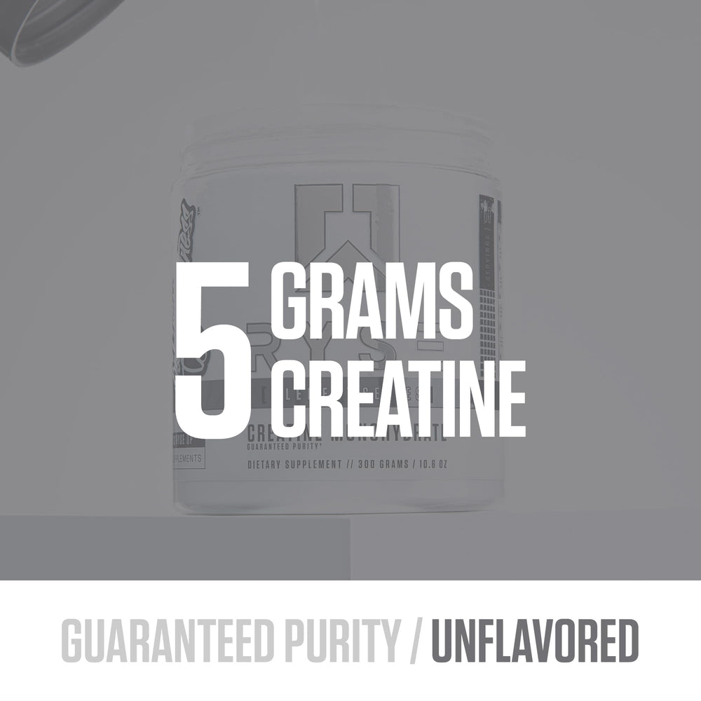RYSE Creatine Monohydrate scoop dispensing, easy daily dose between sets.