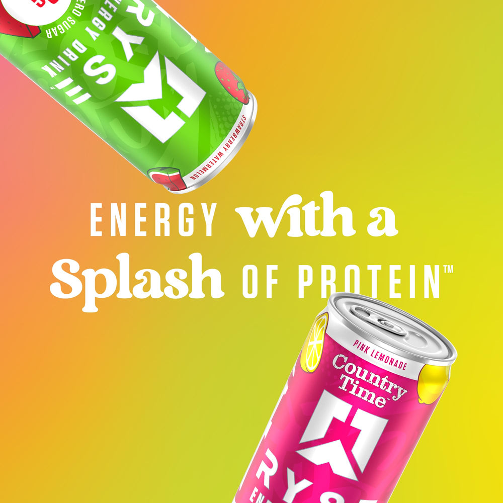RYSE Energy Drink nutrition panel highlights caffeine, protein, prebiotic.