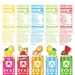 RYSE Energy Drink flavor labels show five options for customizable boosts.