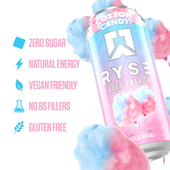 RYSE Fuel Cotton Candy glass with can emphasizes sugar-free, zero-calorie option.