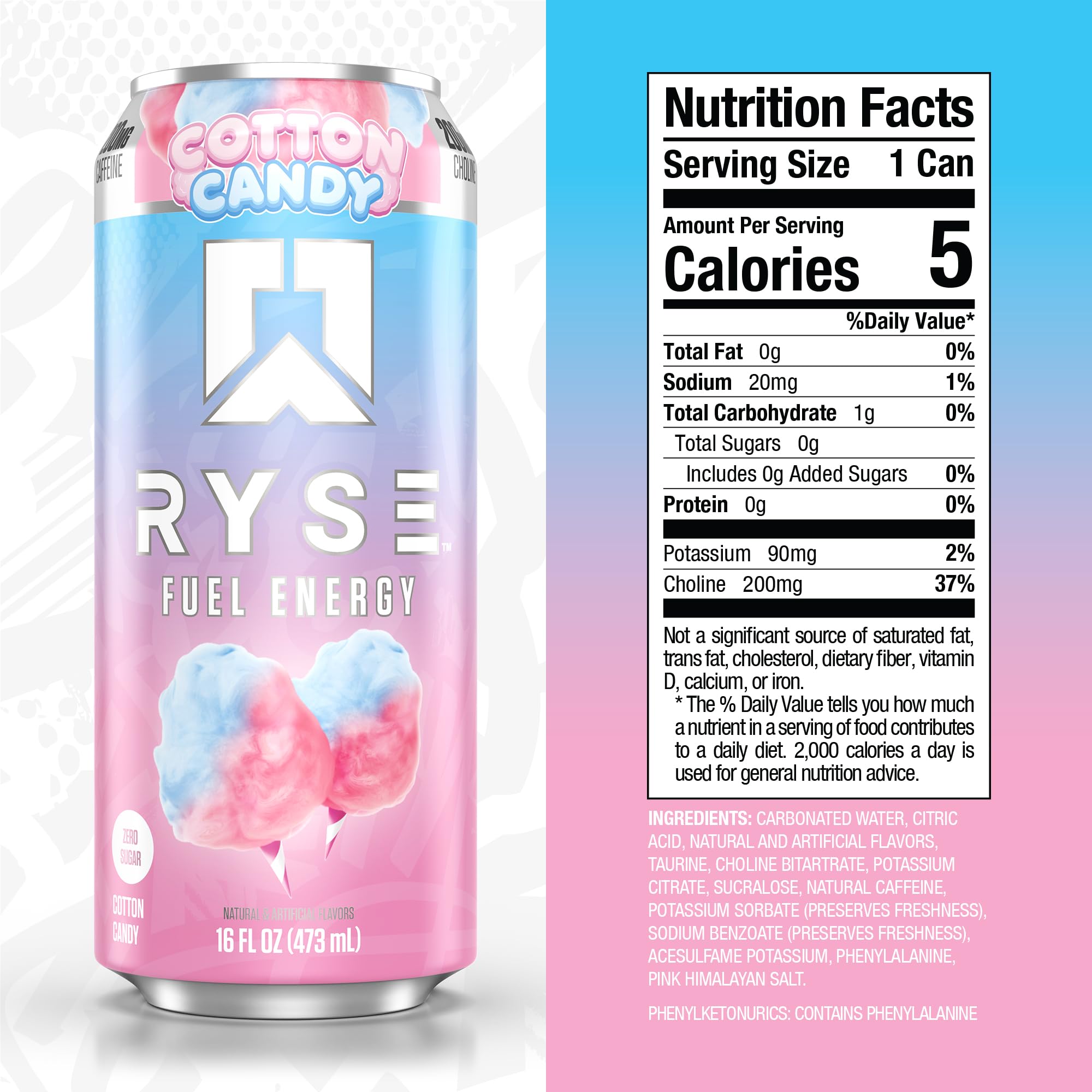 RYSE Fuel Cotton Candy label closeup highlights caffeine and vegan formula.