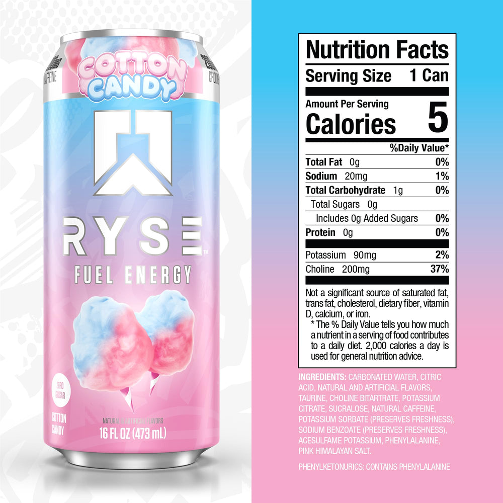 RYSE Fuel Cotton Candy label closeup highlights caffeine and vegan formula.