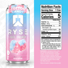 RYSE Fuel Cotton Candy label closeup highlights caffeine and vegan formula.