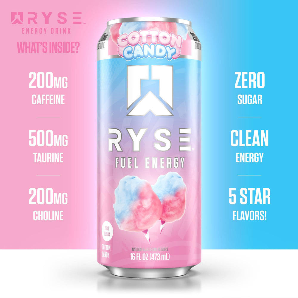 RYSE Fuel Cotton Candy pack shot highlights 12-pack value.