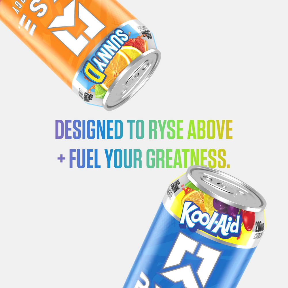 RYSE Fuel Energy cans beside a glass, emphasizing flavor-forward zero sugar energy