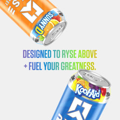 RYSE Fuel Energy cans beside a glass, emphasizing flavor-forward zero sugar energy