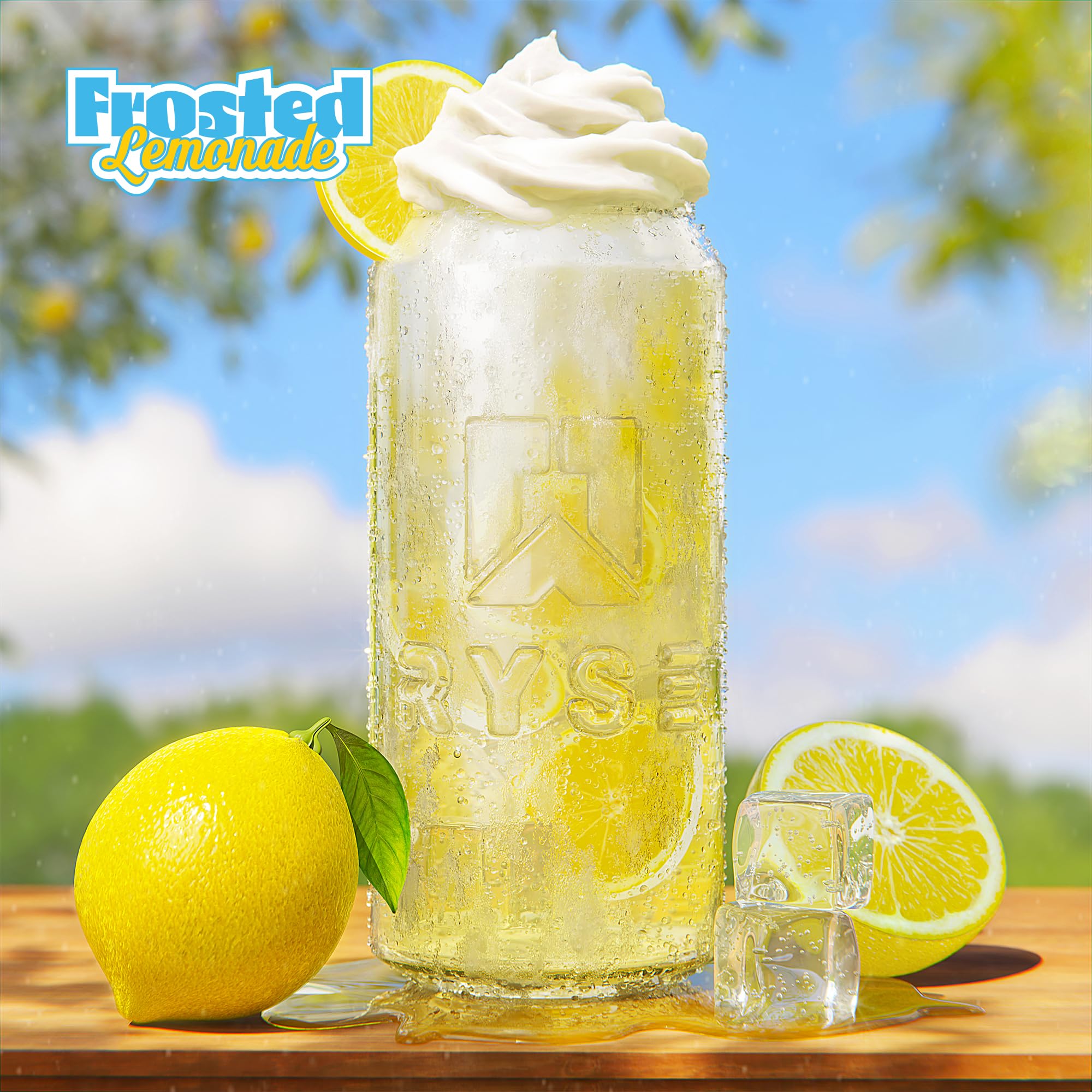 Glass with lemon slice beside RYSE Fuel can for tasty energy