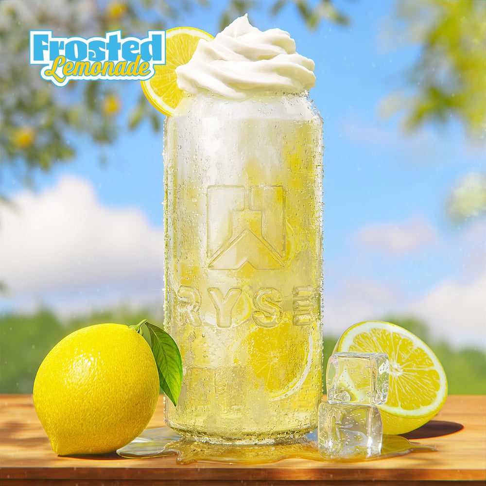Glass with lemon slice beside RYSE Fuel can for tasty energy