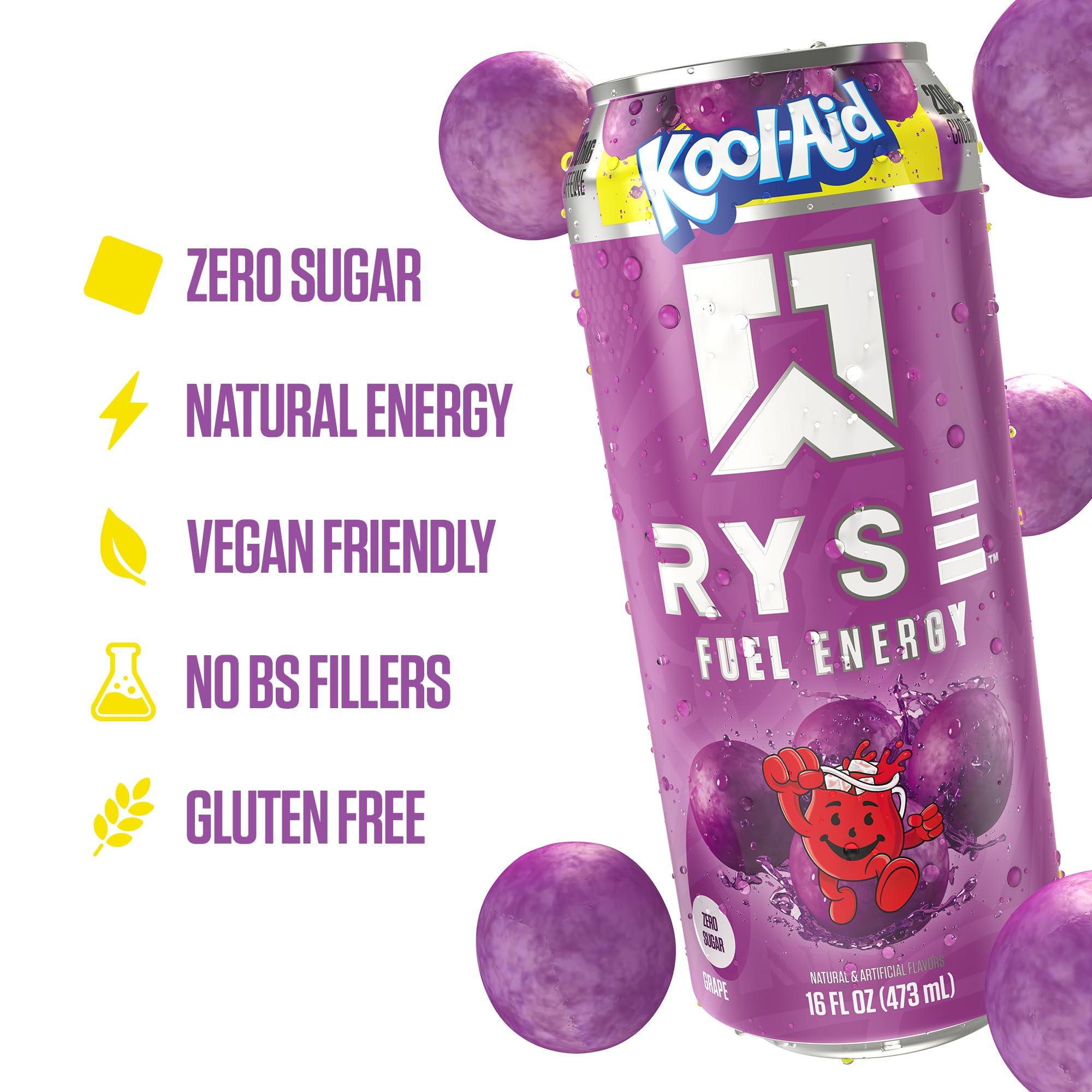 Stack of RYSE Fuel Kool-Aid Grape cans demonstrating convenient 12-pack.