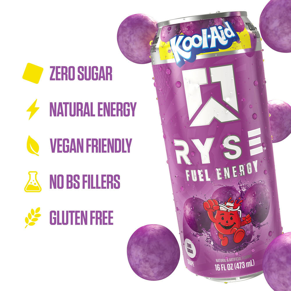 Stack of RYSE Fuel Kool-Aid Grape cans demonstrating convenient 12-pack.