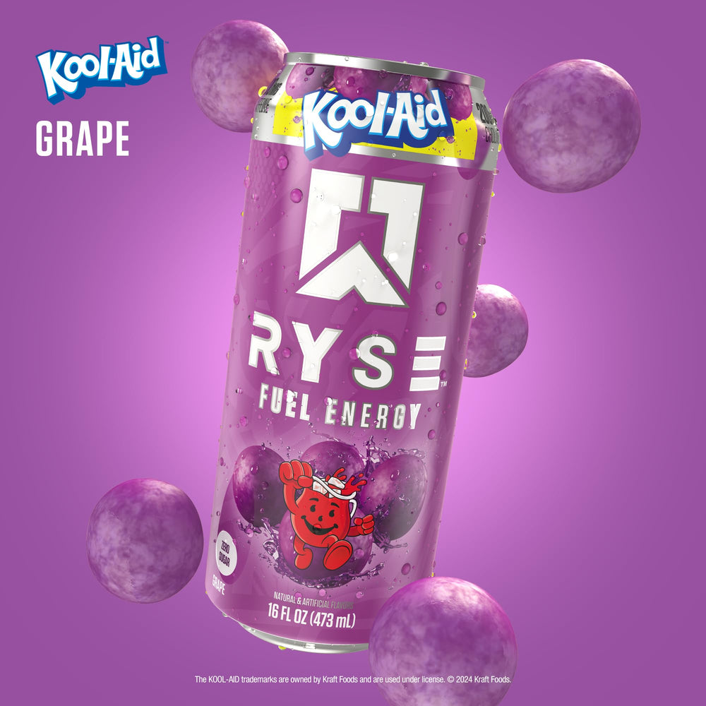 Glass with ice and RYSE Fuel Kool-Aid Grape showing refreshing energy.