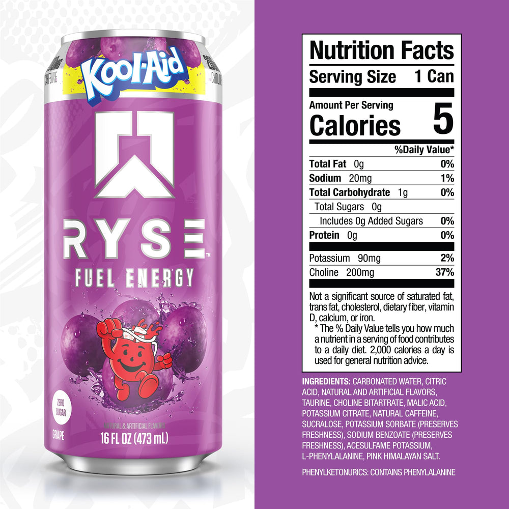 Close-up of RYSE Fuel Kool-Aid Grape label highlighting vegan formula.
