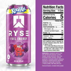 Close-up of RYSE Fuel Kool-Aid Grape label highlighting vegan formula.