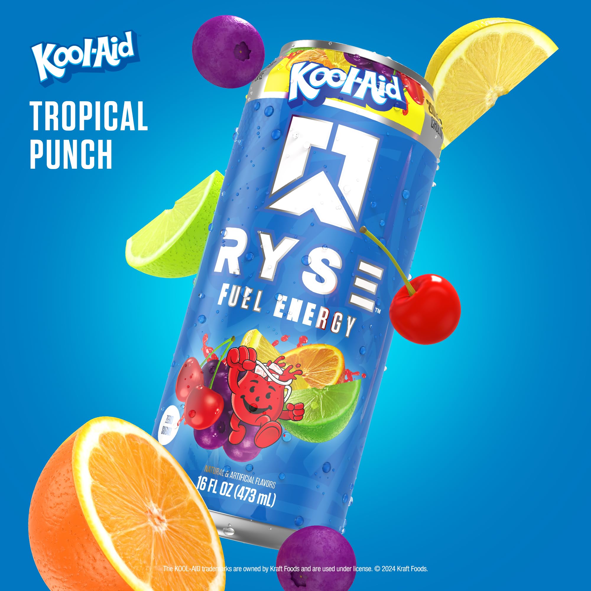 RYSE Fuel Kool-Aid Tropical Punch can close-up shows bright color and refreshing energy.