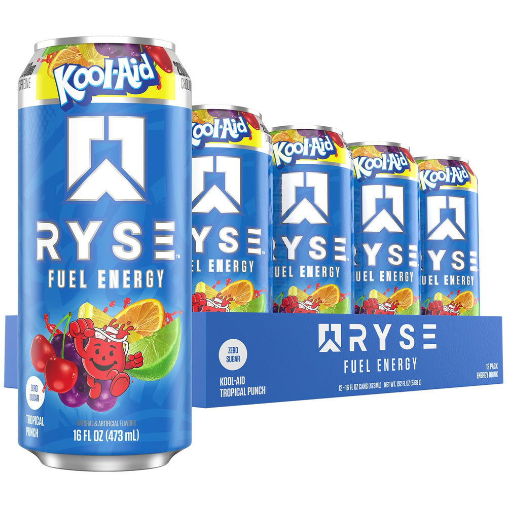 RYSE Fuel Kool-Aid Tropical Punch can front view highlights flavor and clean energy.
