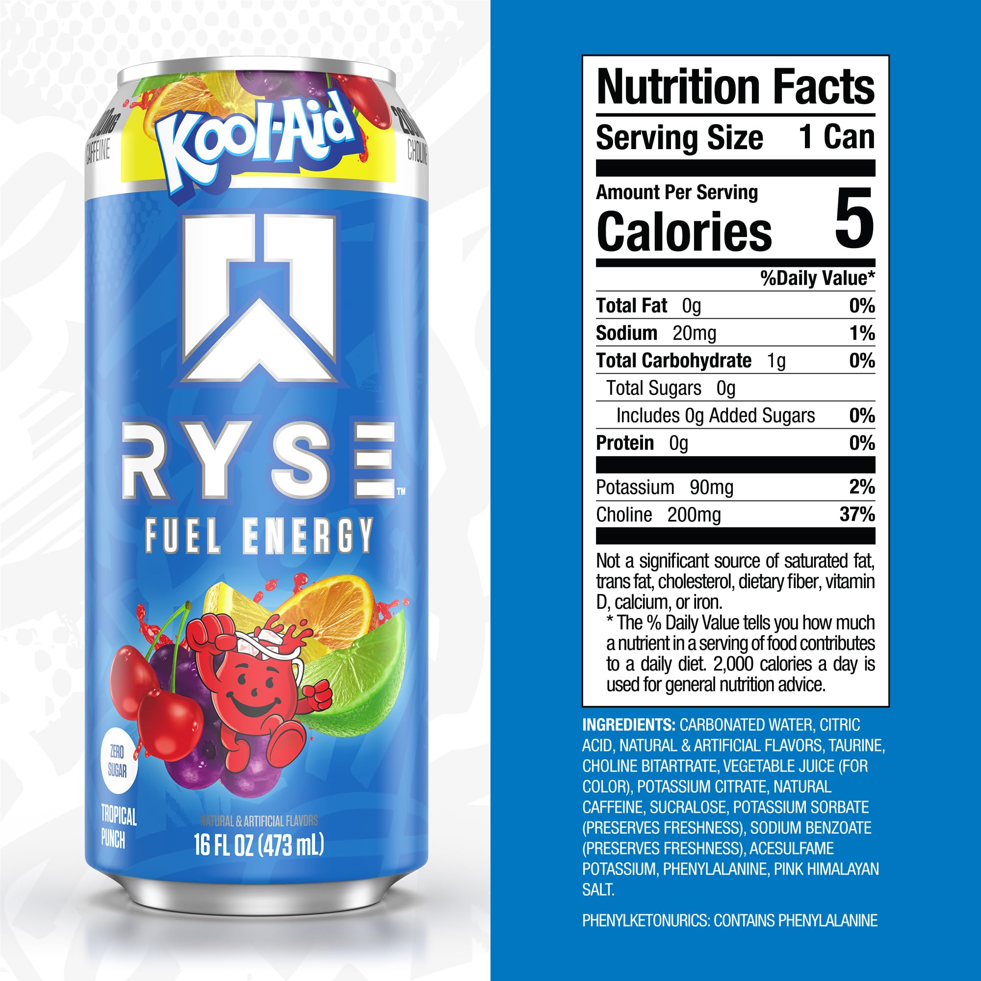 RYSE Fuel Kool-Aid Tropical Punch can label detail highlights vegan, zero sugar energy option.