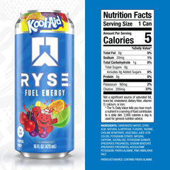 RYSE Fuel Kool-Aid Tropical Punch can label detail highlights vegan, zero sugar energy option.