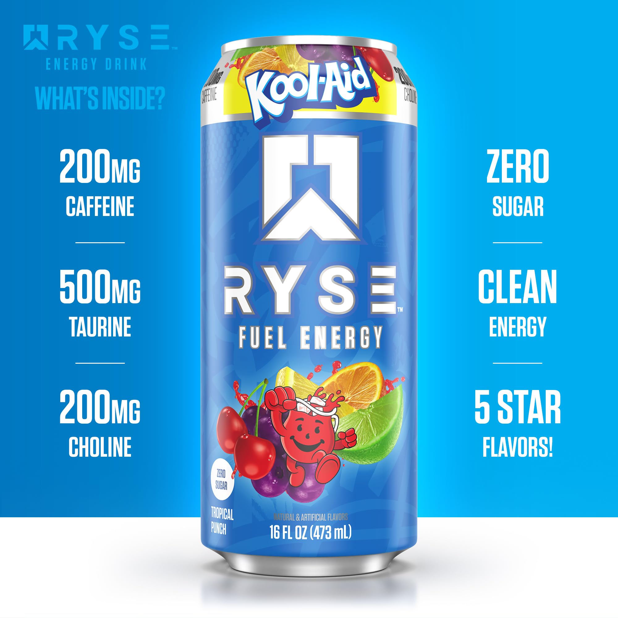 RYSE Fuel Kool-Aid Tropical Punch six-pack display shows convenient energy options for teams.
