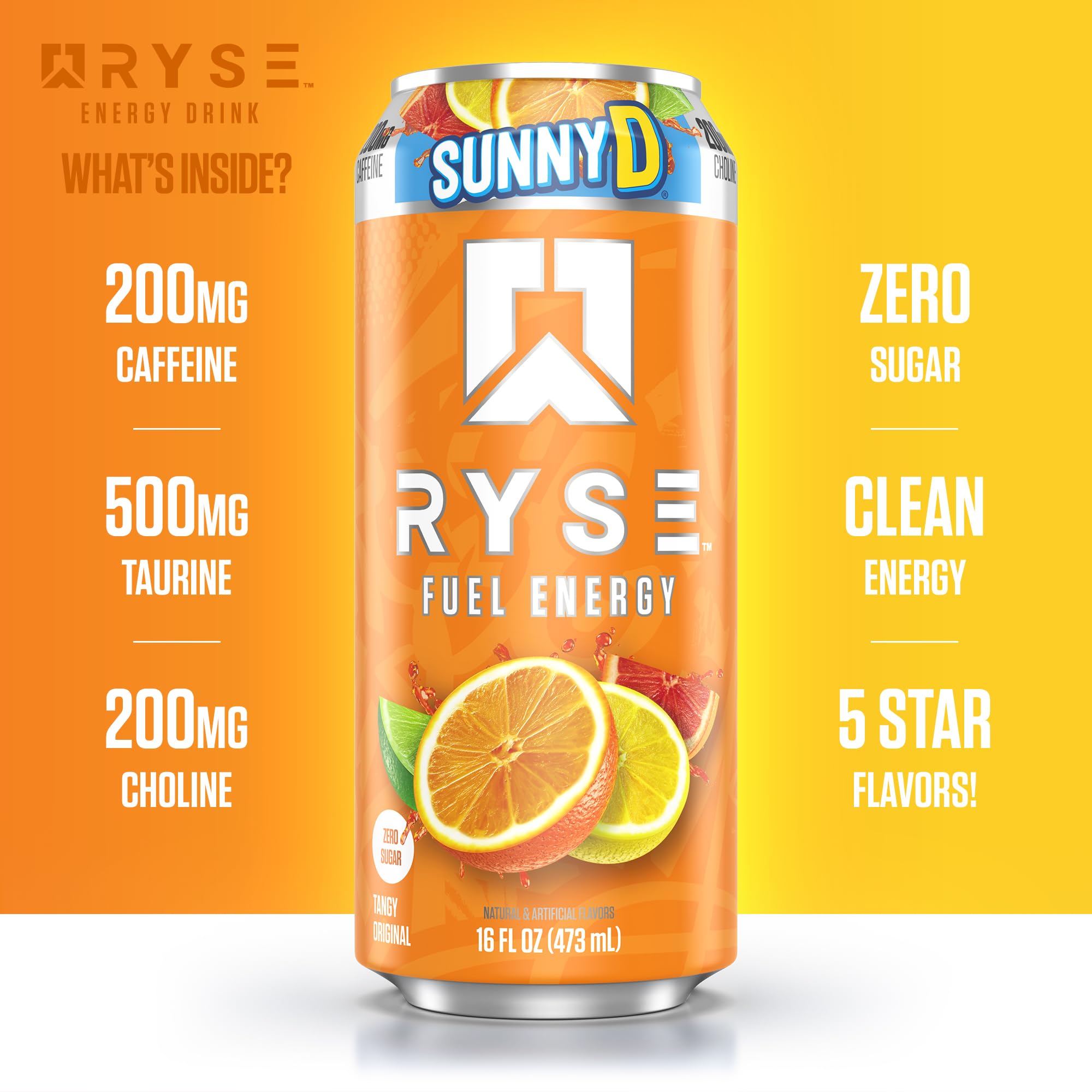 Side view of RYSE Fuel SunnyD Tangy Original bottle signaling vegan and gluten-free credentials