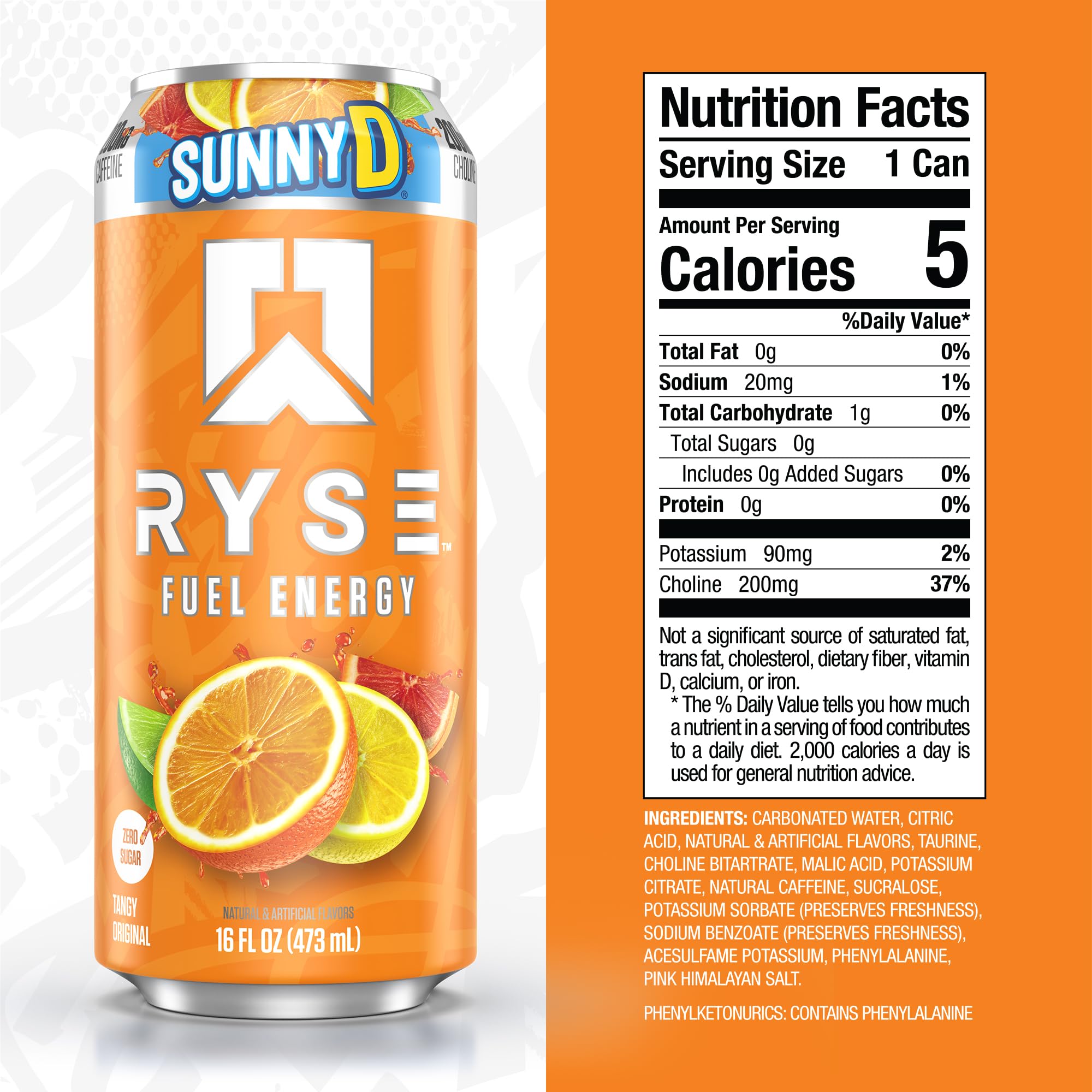 Back of the RYSE Fuel SunnyD Tangy Original can showing zero sugar and vegan formula