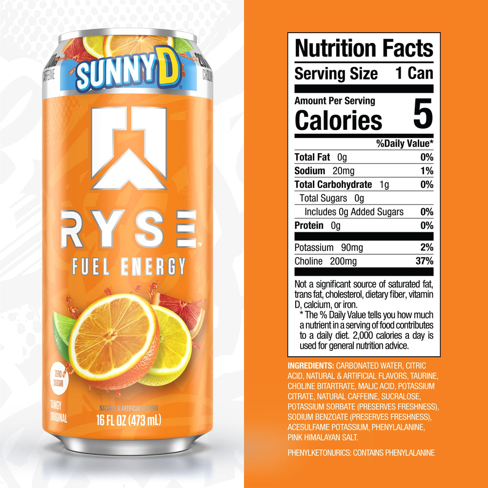 Back of the RYSE Fuel SunnyD Tangy Original can showing zero sugar and vegan formula