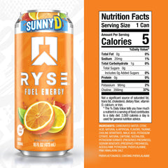 Back of the RYSE Fuel SunnyD Tangy Original can showing zero sugar and vegan formula