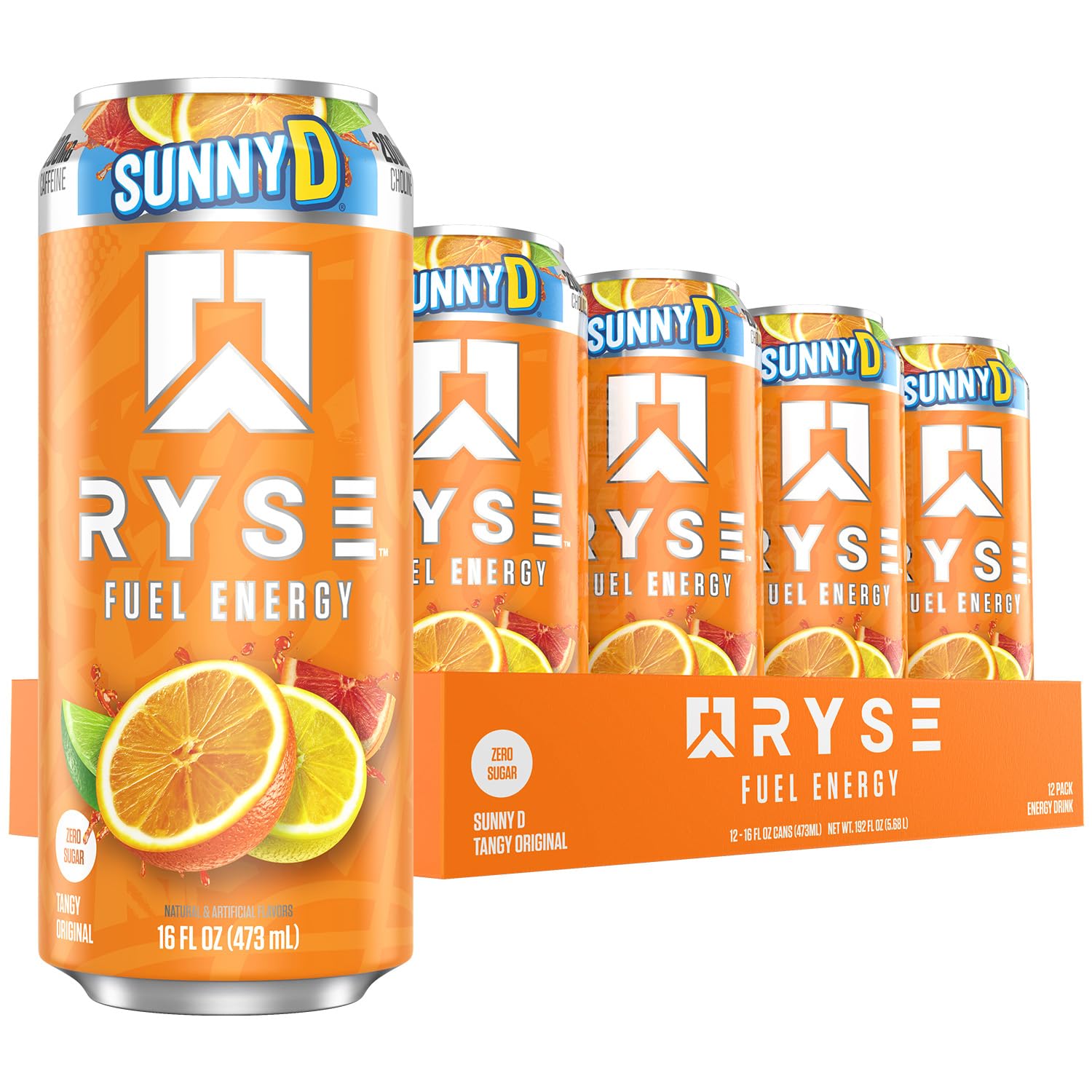 RYSE Fuel SunnyD Tangy Original can front closeup for clean energy on the go
