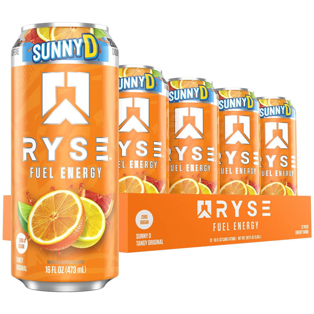 RYSE Fuel SunnyD Tangy Original can front closeup for clean energy on the go
