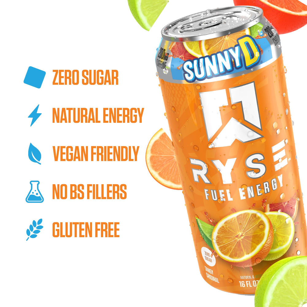 Vibrant label of RYSE Fuel SunnyD Tangy Original highlighting caffeine, taurine and choline